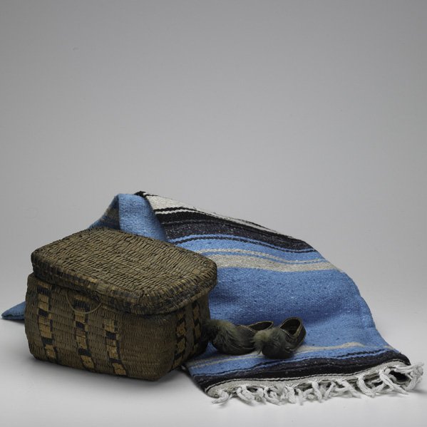 NATIVE AMERICAN, ETC; Three pieces, 19th/20th: Coa: NATIVE AMERICAN, ETC; Three pieces, 19th/20th: Coast Salish covered woven basket, Lapland children's shoes and Mexican Basket; 7 1/2'' x 12'' x 8 1/2''