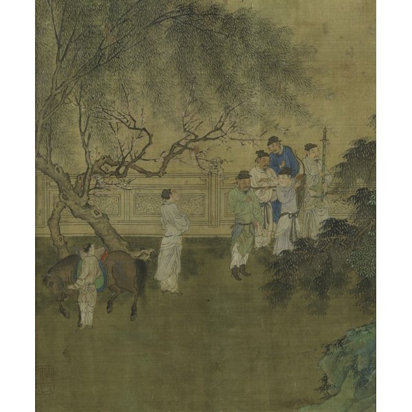 ASIAN ARTWORK; Four framed pieces, 19th/20th c.: p: ASIAN ARTWORK; Four framed pieces, 19th/20th c.: painting on silk of Buddhist heaven and three paintings on silk of court scenes; Largest: 52'' x 25''
