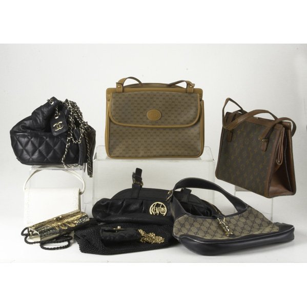 EIGHT HANDBAGS AND A PURSE: EIGHT HANDBAGS AND A PURSE; Vintage leather trimmed signature canvas by Louis Vuitton; Judith Leiber cream and white jeweled bag; Gucci signature and tan leather shoulder bag; Kenzo black perforated l