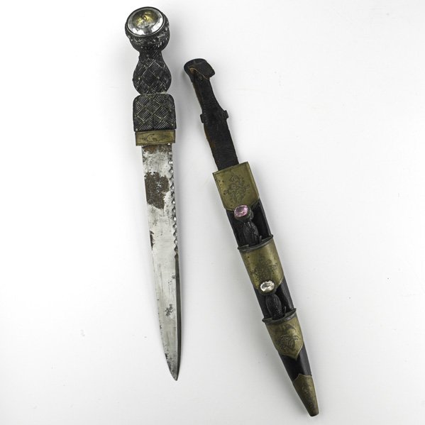 SCOTTISH DIRK: SCOTTISH DIRK; Brass and silver mounted with foiled paste gems, 19th/20th c.; 18''