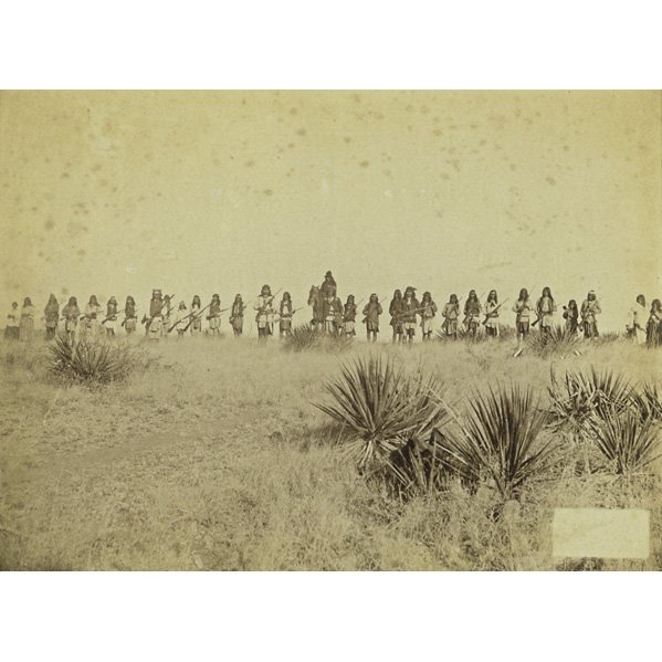 PHOTOGRAPH OF GERONIMO: PHOTOGRAPH OF GERONIMO; Albumen mounted on cardstock image, ''Geronimo and His Warriors #178,'' by C.S. Fly, ca. 1886; Paper label on back; 7'' x 9 1/2''