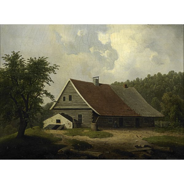JOHANN GUSTAV GRUNEWALD (German-American, 1805-18: JOHANN GUSTAV GRUNEWALD (German-American, 1805-1878) (Attr.); Oil on canvas of the first house in Bethlehem, Pennsylvania (framed); 16'' x 22''; Provenance: From the artist to a Bethlehem family and b