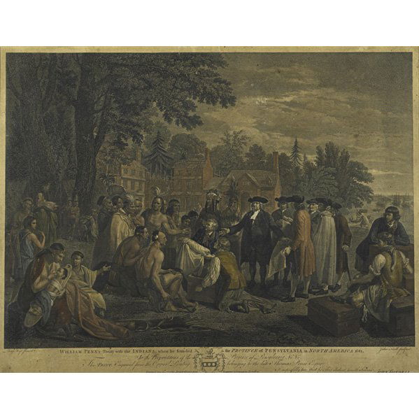 18TH C. ENGLISH ENGRAVING: 18TH C. ENGLISH ENGRAVING; Hand-tinted image in gilt frame, ''William Penn's Treaty with the Indians,'' after the painting by Benjamin West, engraved by John Hall, London, 1775; 19'' x 24'' (sight)