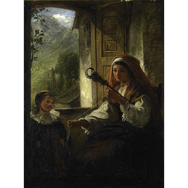 SIMEON SOLOMON (British, 1840-1905)(Attr.): SIMEON SOLOMON (British, 1840-1905)(Attr.); Oil on canvas of a woman spinning by a window, 1870 (framed); 24'' x 18''