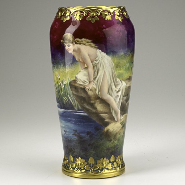 ROYAL BONN: ROYAL BONN; Hand-painted vase with water nymph in bucolic scene, early 20th c.; Marked and artist signed illegibly; 11 3/4'' x 6''