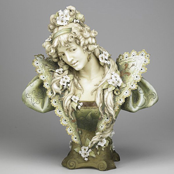 ERNST WAHLISS: ERNST WAHLISS; Two-piece Amphora bust of a lady, ca. 1900; Marked EW Turn, Wien, Made in Austria; 25 1/2'' x 21'' x 11''