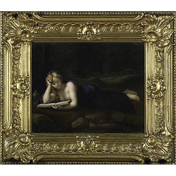 KPM: KPM; Painting on porcelain of a recumbent nude in gilded frame, 19th c.; Scepter mark, paper label of painter Henry Bucker on reverse; 12 1/2'' x 10 1/2''