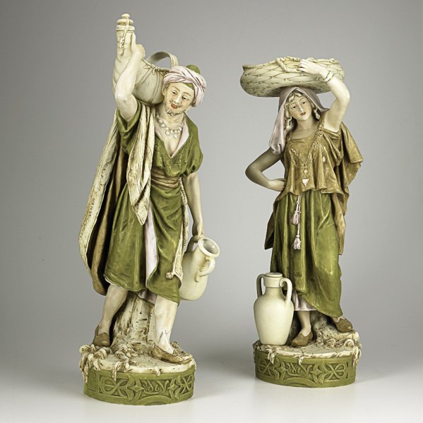 ROYAL DUX: ROYAL DUX; Porcelain figures of a male and female water carrier, 20th c.; Marked; Taller: 28''