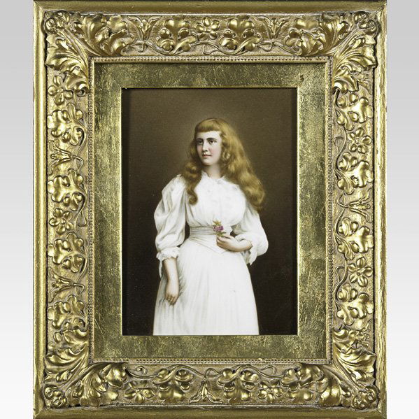 KPM: KPM; Porcelain plaque of a young woman holding a flower, ca. 1900 (framed); 6 1/4'' x 8 1/2'' (plaque)