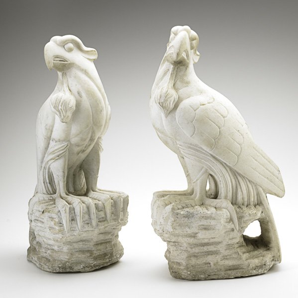 ALABASTER SCULPTURES: ALABASTER SCULPTURES; Pair of eagles on rocky ledge, ca. 1900; 18''