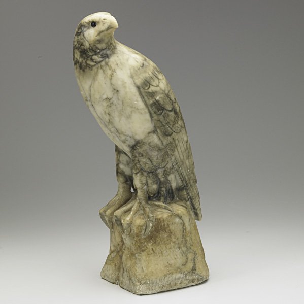 ALABASTER SCULPTURE: ALABASTER SCULPTURE; Carved eagle with glass eyes, 20th c.; 18'' x 6'' x 6 1/2''