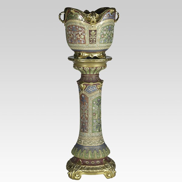 ROYAL BONN: ROYAL BONN; Tapestry jardiniere and pedestal, late 19th/early 20th c.; Marked; 43 1/2'' x 15''