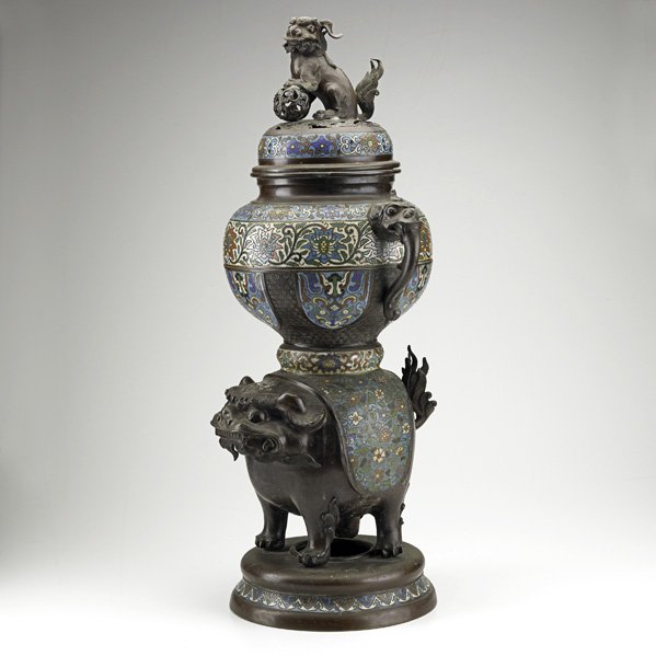 JAPANESE CHAMPLEVE INCENSE BURNER: JAPANESE CHAMPLEVE INCENSE BURNER; Bronze Foo dog base and finial, early 20th c.; 30''