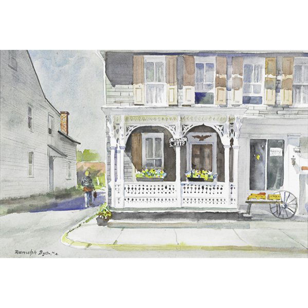 RANULPH BYE (American, 1916-2003): RANULPH BYE (American, 1916-2003); Watercolor on paper, ''House on the Corner, Springtown Pennsylvania,'' 2002 (framed); Label on verso; Signed, titled and dated; 13'' x 19'' (sight)