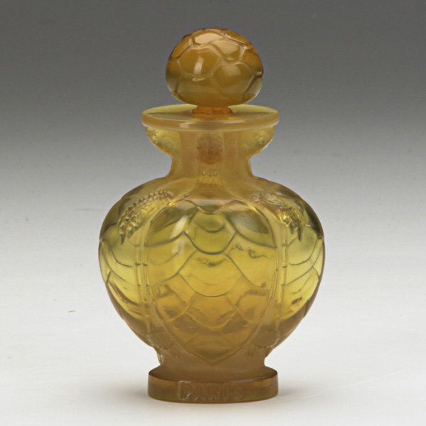 LALIQUE: LALIQUE; ''Morabito No. 7'' cased yellow and amber glass perfume bottle, 20th c.; Etched Lalique France; 4 1/2'' x 3'' x 1 1/2''