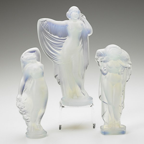 SABINO: SABINO; Three opalescent glass nude female figures with flowing scarves, 20th c.; Marked; Tallest: 8''