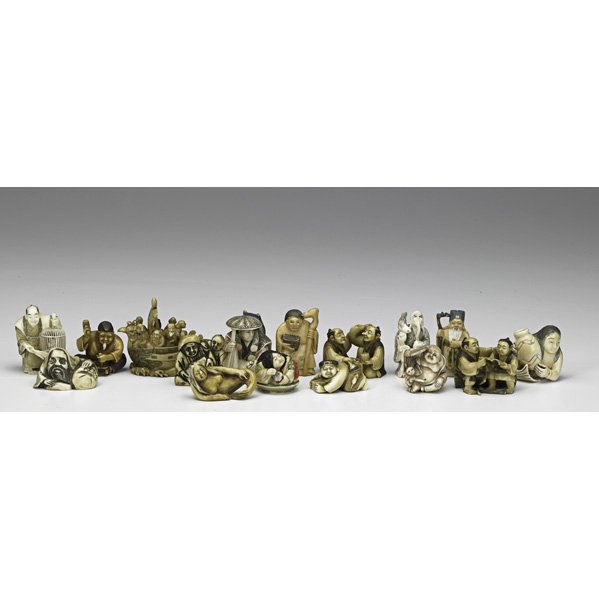 JAPANESE NETSUKE GROUP: JAPANESE NETSUKE GROUP; Sixteen human figures in various sizes and shapes, 20th c.; Tallest: 2 1/4'' x 3'' Note: International bids and bids issuing from the State of California may be subject to laws