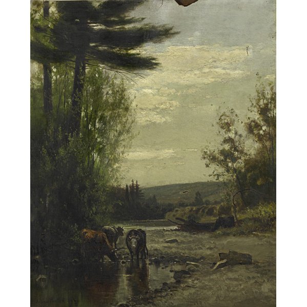 ARTHUR B. PARTON (American, 1842-1914): ARTHUR B. PARTON (American, 1842-1914); Oil on canvas of cows by a stream, 1882 (framed); Signed; 20'' x 16''
