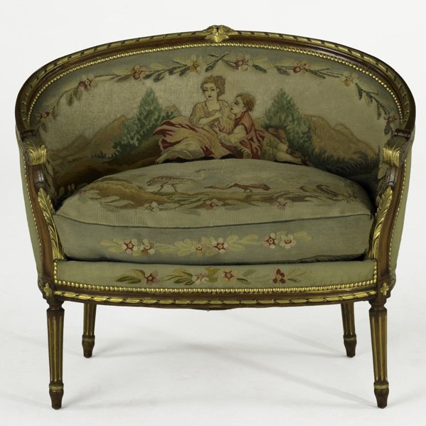 LOUIS XVI STYLE SETTEE: LOUIS XVI STYLE SETTEE; Gilded frame with floral needlework upholstery, early 20th c.; 35 1/2'' x 39 1/2'' x 24''