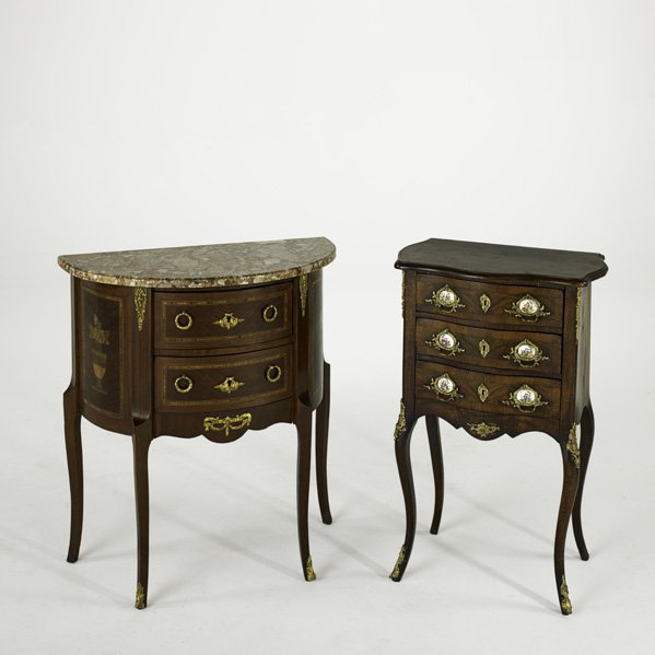 TWO LOUIS XV STYLE BEDSIDE STANDS: TWO LOUIS XV STYLE BEDSIDE STANDS; Mixed woods with bronze mounts, one with marble top the other with porcelain escutcheons, 20th c.; Larger: 30'' x 27'' x 14''
