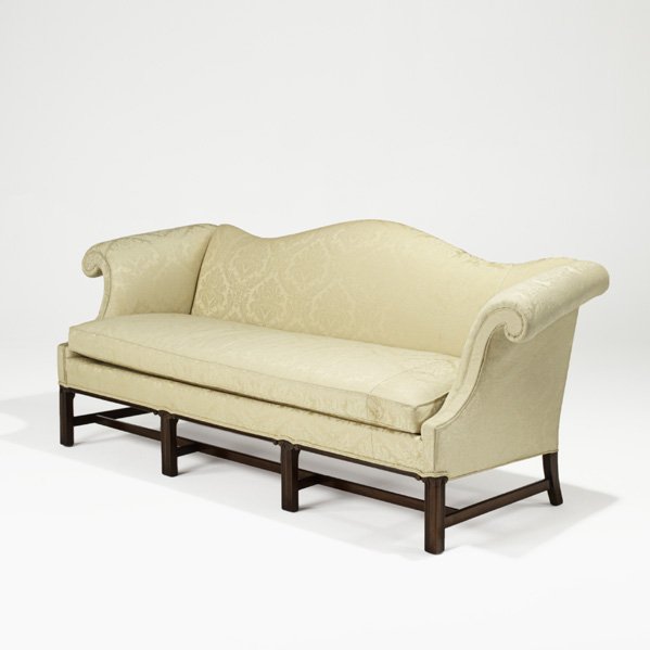 CHIPPENDALE SOFA: CHIPPENDALE SOFA; Mahogany frame with silk damask upholstery by Hickory, late 20th c.; 35'' x 85'' x 32''
