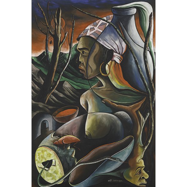 JACQUE ENGUERRAUD GOURGUE (Haitian, 1931-1996): JACQUE ENGUERRAUD GOURGUE (Haitian, 1931-1996); Oil on masonite, ''Le Cauchemar'' (framed); Signed; 32'' x 20''