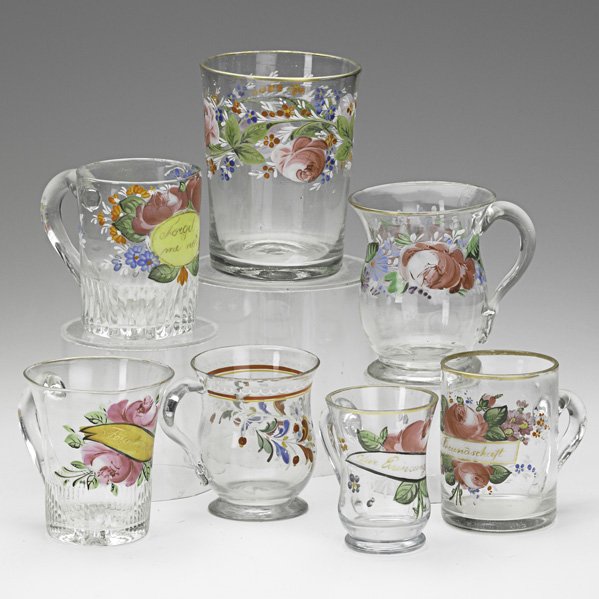 STIEGEL TYPE GLASS: STIEGEL TYPE GLASS; Seven items in clear enamel glass, 18th/19th c.; Tallest: 5 1/2''