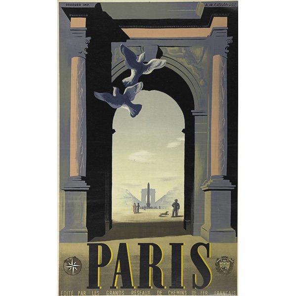 ADOLPHE MOURON CASSANDRE (French, 1901-1968): ADOLPHE MOURON CASSANDRE (French, 1901-1968); Lithograph poster, ''Paris''; 39 3/8'' x 24 3/8''