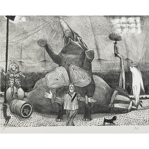 PETER PAONE (American, b. 1936): PETER PAONE (American, b. 1936); Lithograph on paper of the circus with elephant and clowns (framed); Signed and numbered; 20'' x 26'' (sight)