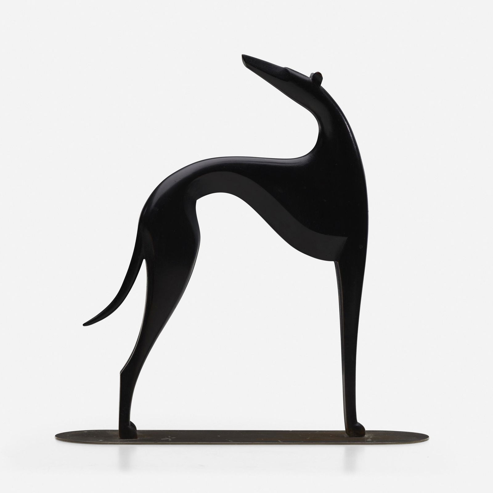 Karl Hagenauer, Greyhound: Karl Hagenauer Greyhound Werkstatte HagenauerAustria, c. 1930carved ebonized wood, nickel-plated brass 11.875 h x 11.5 w x 3.375 d in (30 x 29 x 9 cm) The Rena mark indicates a work prod
