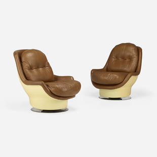 Michel Cadestin, Lounge chairs, pair: Michel Cadestin Lounge chairs, pair Airborne InternationalFrance, c. 1970lacquered fiberglass, leather, steel 37 h x 34 w x 42 d in (94 x 86 x 107 cm) Chairs feature rocking/swiveling ba