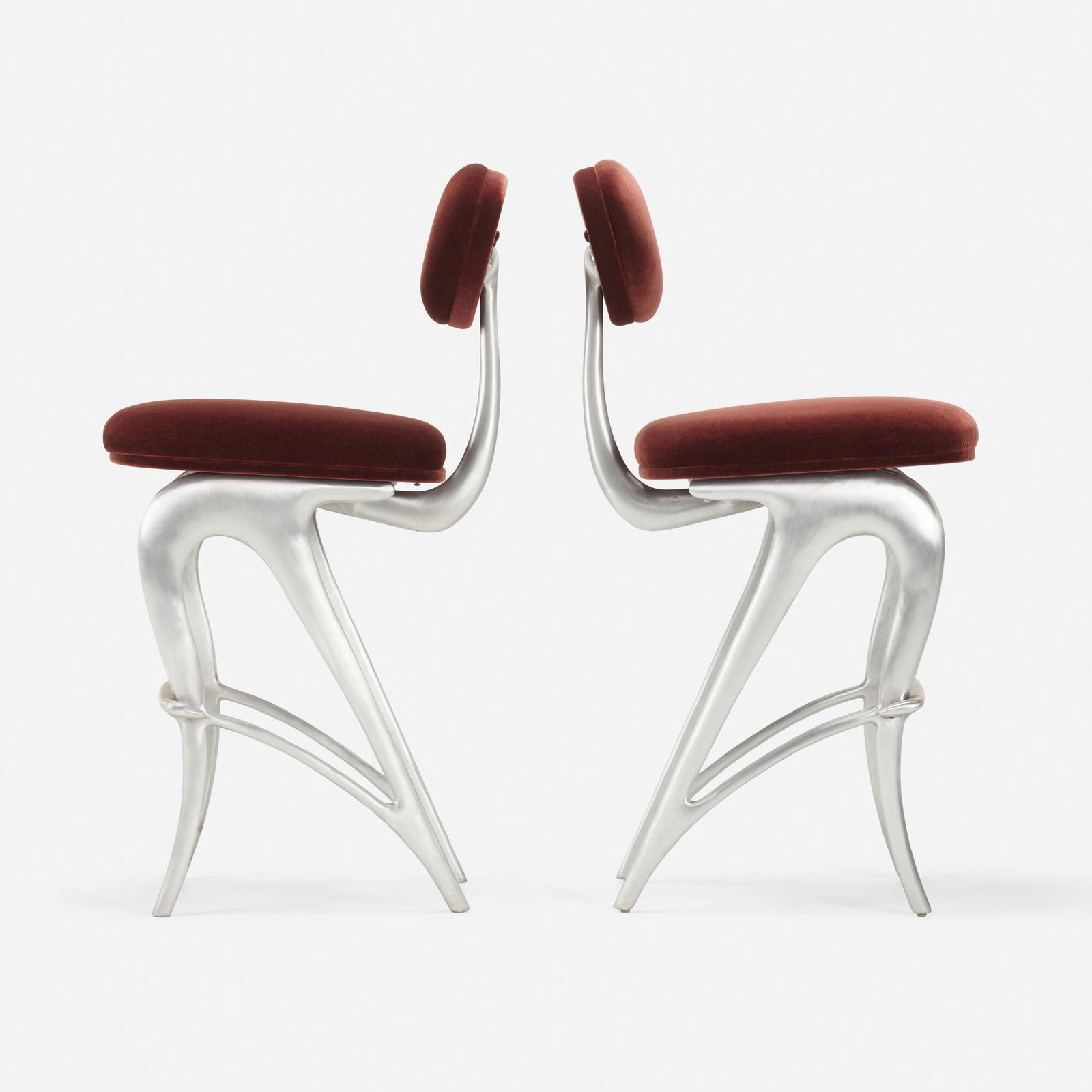 Jordan Mozer, Hudson high stools, pair: Jordan Mozer Hudson high stools, pair Jordan Mozer StudiosUSA, 1998cast and polished recycled magnesium-aluminum alloy, mohair each: 47.5 h x 19 w x 26 d in (121 x 48 x 66 cm) Designed f