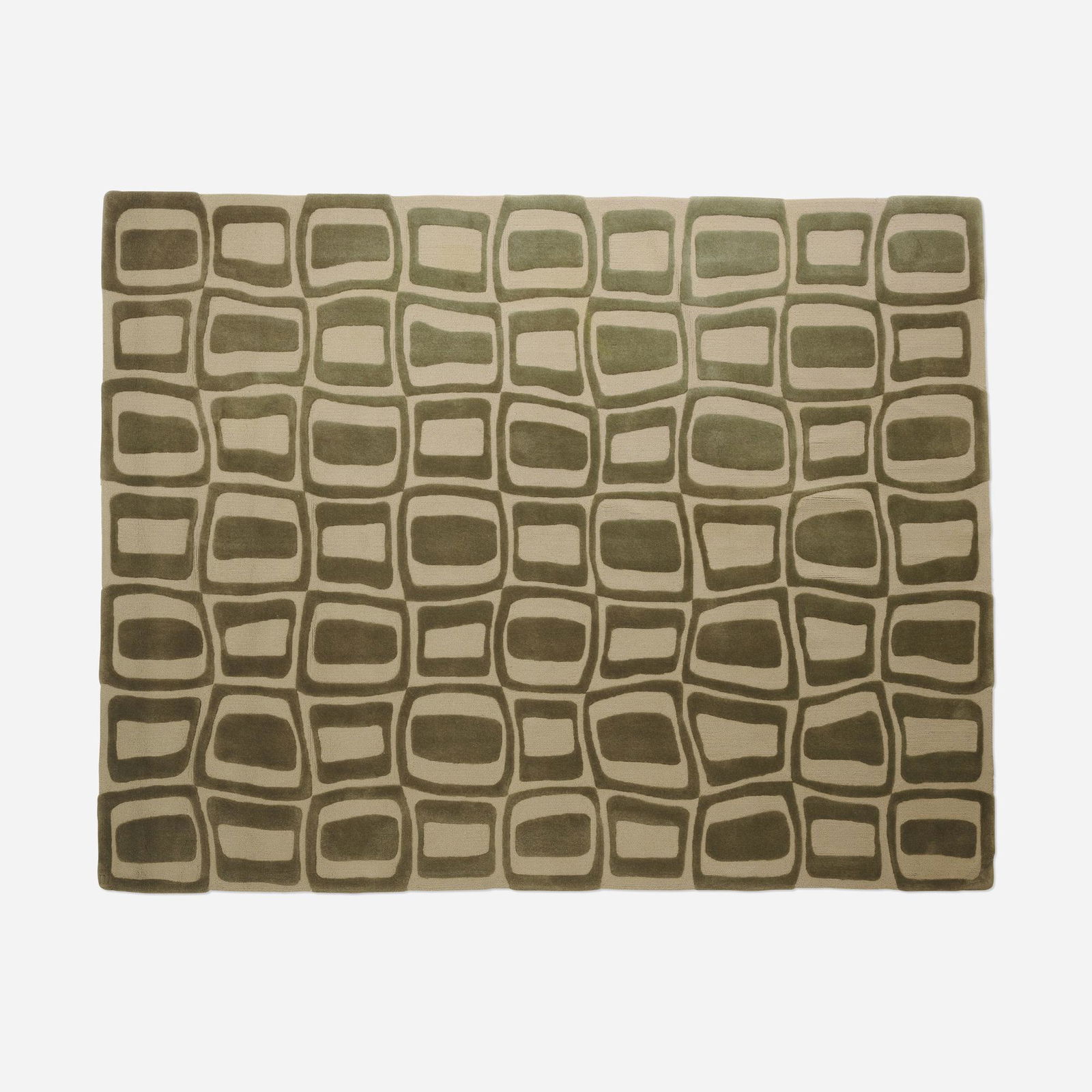 Angela Adams, Mona sculpted pile carpet: Angela Adams Mona sculpted pile carpet USA, 1998hand-knotted wool 94.5 w x 119 l in (240 x 302 cm) Manufacturer's mark to corner 'A'. Signed, titled and dated to reverse 'Mona © 1998 Angela Ad