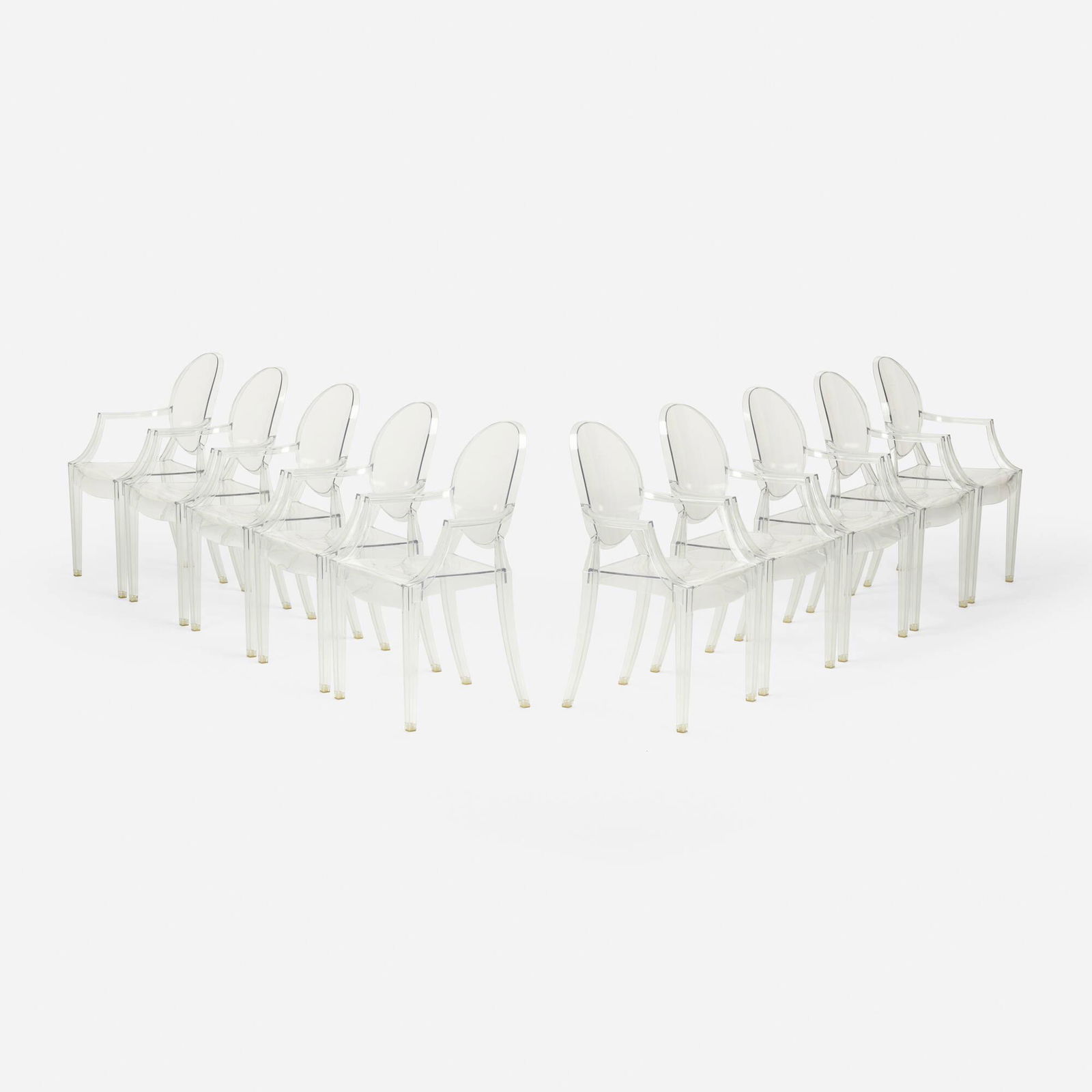 Philippe Starck, Louis Ghost chairs, set of ten: Philippe Starck Louis Ghost chairs, set of ten KartellFrance / Italy, 2002transparent polycarbonate 36.5 h x 21.5 w x 23 d in (93 x 55 x 58 cm) Impressed manufacturer's mark to seat of e