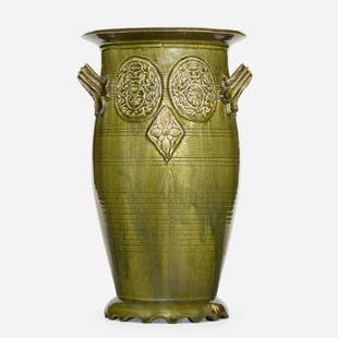 Grueby Faience Company, Early heraldic vase: Grueby Faience Company Early heraldic vase USA, c. 1898glazed earthenware 15.5 h x 9.5 w x 9 d in (39 x 24 x 23 cm) Impressed manufacturer's mark and number to underside 'Grueby Boston, Mass I