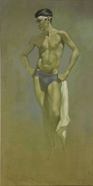 Robert R. Bliss (American, 1925 - 1981): Standing Athlete with Towel, 1974; Oil on Masonite (framed); 64" x 33"; Provenance: Selected Artist's Galleries, Inc., New York (label on verso); Private Collection, New York