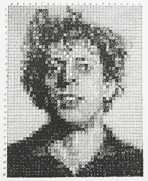 Chuck Close (American, b. 1940): Phil from Rubber Stamp portfolio, 1976; Rubber stamp print; From edition of 1000; 8" x 8" (sheet); Publisher: Parasol Press, Ltd., New York; Provenance: Private Collection, Virginia Note: In original