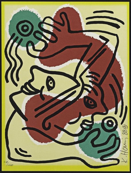 Keith Haring (American, 1958 - 1990): International Volunteer Day, 1989; Lithograph on paper (framed); Signed and dated and numbered 418/1000; 11 1/4" x 8 1/2" (sheet); Provenance: Private Collection, New York