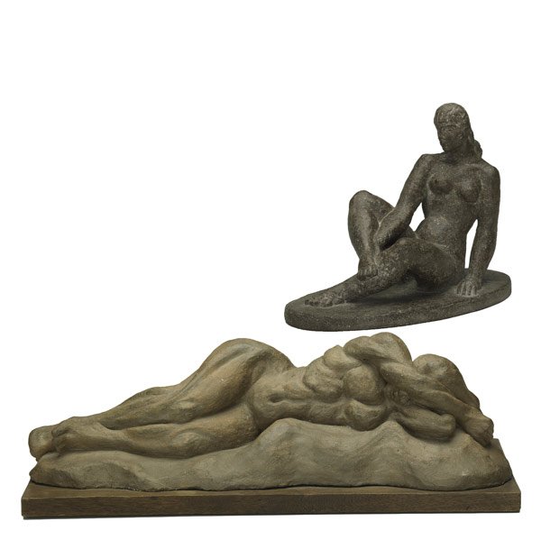 Female Nudes: Two works of art: Robert Laurent (American, 1890-1970) ; Untitled (Female Nude); Cast stone; Signed "Laurent"; 8 1/2" high; Karen Worth (American, 20th C.) Untitled (Reclining nude); Ceramic; 7" high,