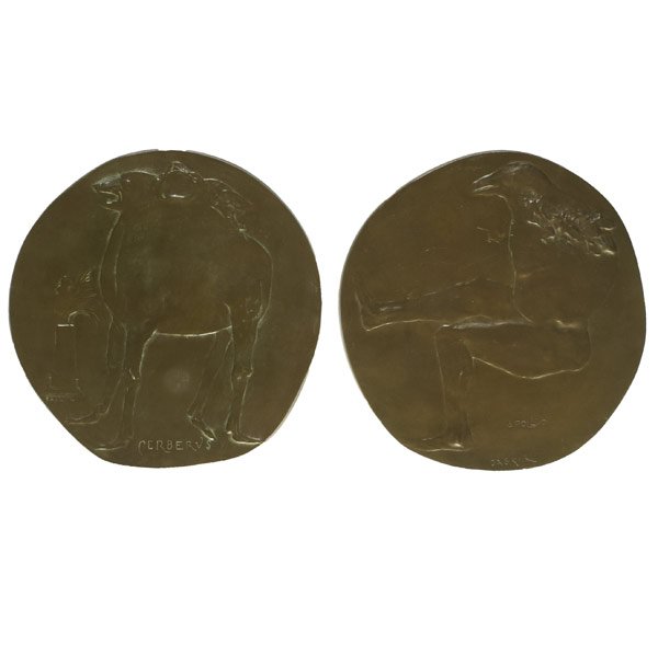 Leonard Baskin (American, 1922 - 2000): Two Bronze medallions; Cerberus, 1969, Signed, dated, titled and numbered 21/250, 7" diameter; Apollo, 1969, Signed, dated, titled and numbered 24/250, 7" diameter; Provenance: The Eileen and Marvin R
