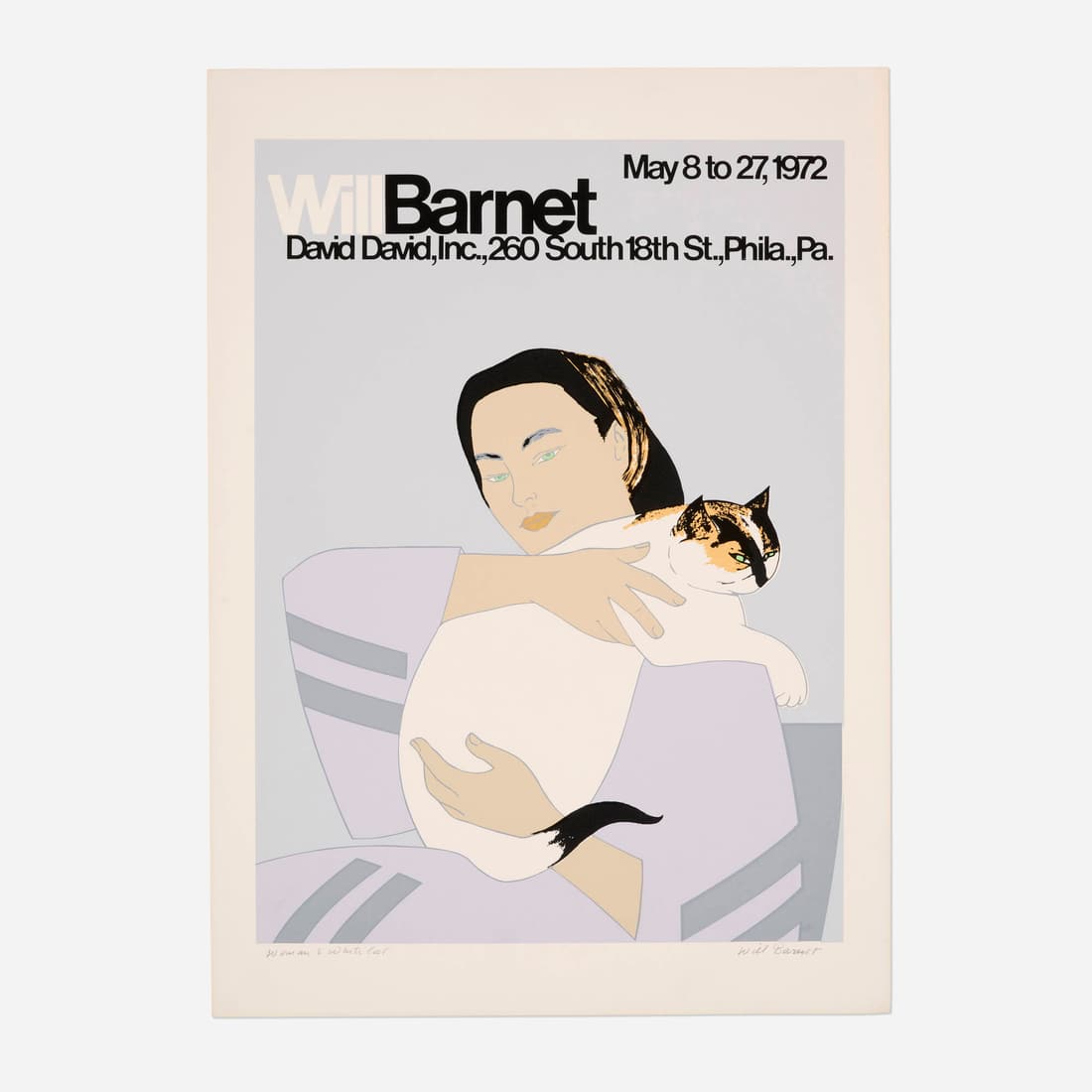 Will Barnet, Woman & White Cat: Will Barnet Woman & White Cat 1972screenprint in colors image: 21.125 h x 15.5 w in (54 x 39 cm) sheet: 25 h x 18 w in (63 x 46 cm) Signed and titled to lower edge 'Woman & White Cat Will B