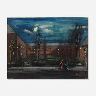 Abraham Harriton, Night Scene: Abraham Harriton Night Scene gouache on artist board sight: 14.875 h x 19.375 w in (38 x 49 cm) Signed and inscribed to lower edge 'To my friend James Lechay Harriton'. Provenance: