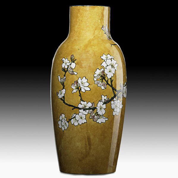 JOHN BENNETT Tall vase with apple blossoms: JOHN BENNETT Tall vase with apple blossoms on orange glaze, New York, 1880; Signed J BENNETT 412E24 N.Y. 1880; 15" x 7"