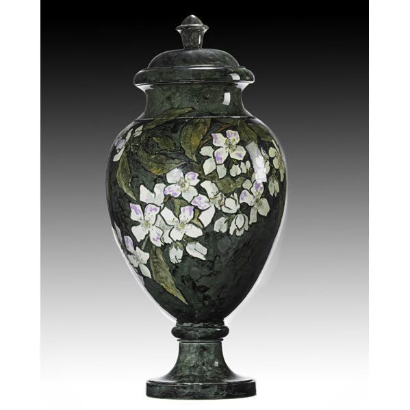 JOHN BENNETT Tall covered jar with dogwood: JOHN BENNETT Large covered jar decorated with dogwood blossoms, West Orange, NJ, 1887; Signed J BENNETT R 1887; 17" x 8"