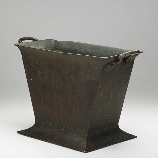 GUSTAV STICKLEY Copper wine cooler: GUSTAV STICKLEY Hammered copper wine cooler (# 298), Eastwood NY, ca. 1910; Als Ik Kan stamp; 12 3/4" x 20 1/2" x 10 1/2"
