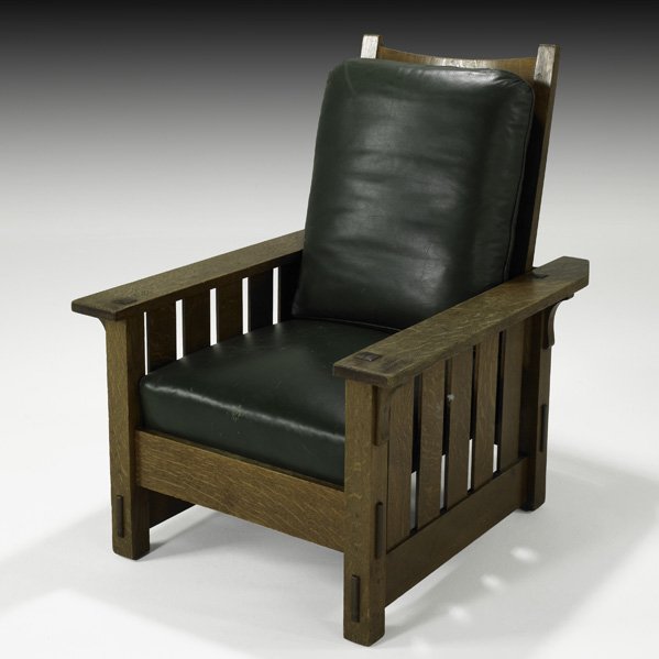GUSTAV STICKLEY Morris chair no. 332: GUSTAV STICKLEY Morris chair (no. 332) with drop-in spring seat, Eastwood, NY, ca. 1912; Branded mark; 42 1/2" x 31" x 38"