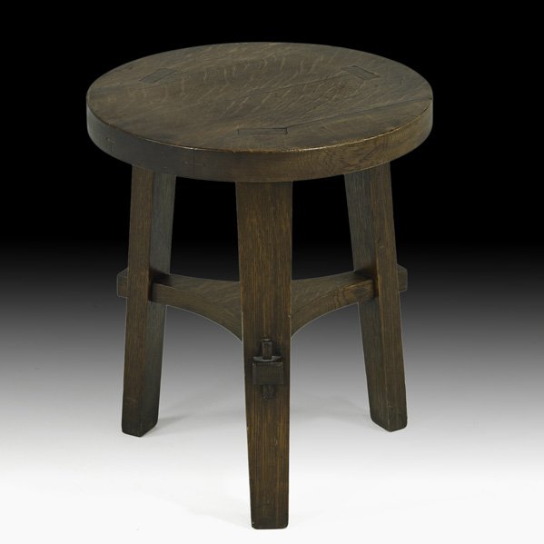 STICKLEY BROTHERS Rare 3-leg tabouret: STICKLEY BROTHERS Rare three-leg tabouret, Grand Rapids, MI, ca. 1905; Unmarked; 17 3/4" x 15" dia.