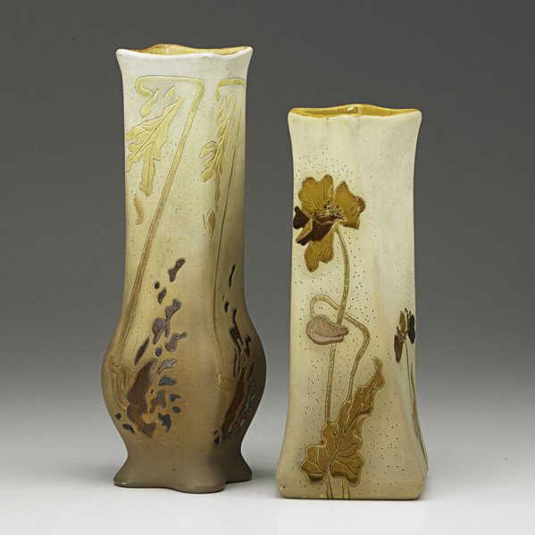 ROSEVILLE Two Woodland vases: ROSEVILLE Two Woodland enamel decorated vases, Zanesville, OH, 1905; Rozane Ware Woodland seal; Tallest: 1 1/4" x 3 1/2"