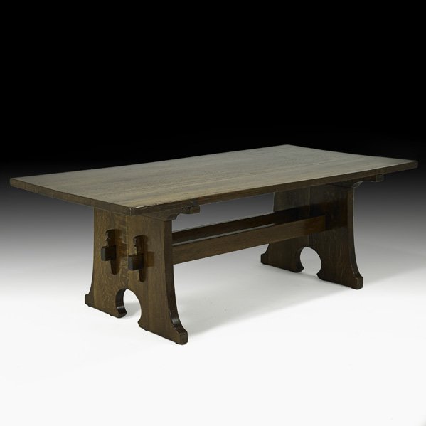 L. & J.G. STICKLEY Mouse-hole dining table: L. & J.G. STICKLEY Rare and massive mouse-hole dining table, Fayetteville, NY, ca. 1906; Unmarked; 30" x 84" x 41 1/2"