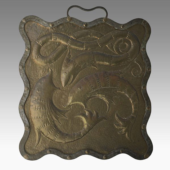 JOHN PEARSON Firescreen with fish: JOHN PEARSON Firescreen embossed with mythical fish and sea creatures, England, ca. 1900; Hammered copper, wrought iron; Stamped JP; 26" x 22 1/4"